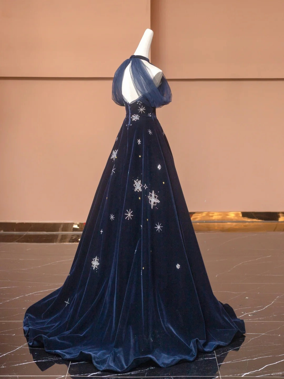 Robe de bal longue en velours bleu exquis, ornée d'étoiles et de perles, robe de soirée, robe de soirée, nv4732