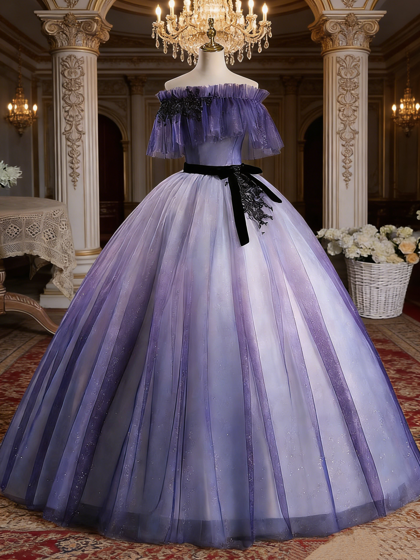 Robe de bal dégradée violet-blanc à épaules dénudées - Style princesse - Mariage/Cérémonie de passage à l'âge adulte NV6793