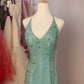 NiceVestidos – Hellmoosgrünes, besticktes Organza-Neckholder-Kleid, ärmellos, bodenlang, Bankettkleid NV5825