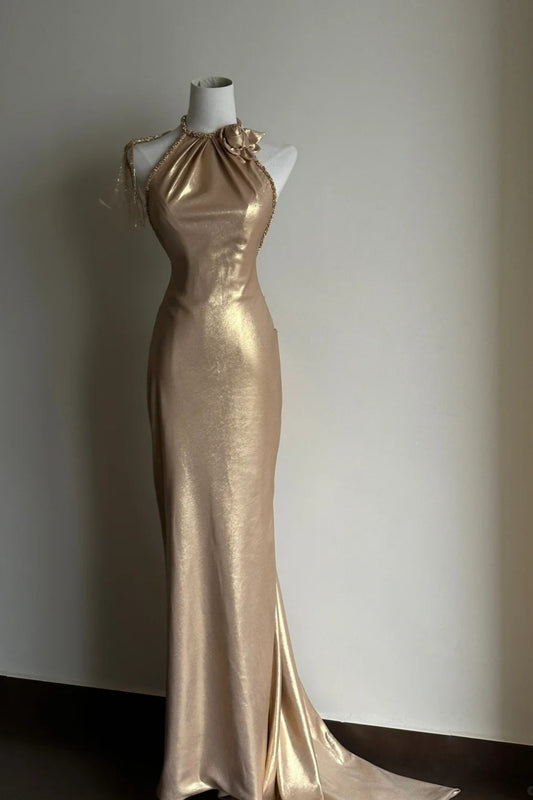 Goldenes, langes, formelles Retro-Kleid NV6613