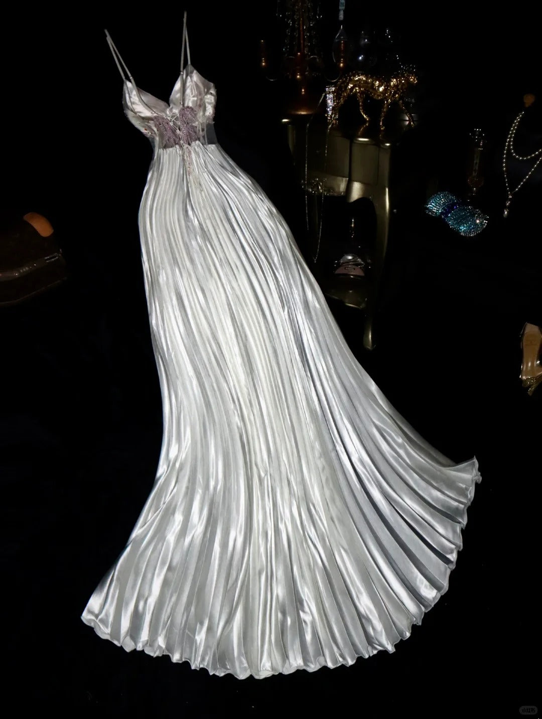 Robe de soirée élégante longue en satin avec perles argentées, tenue de bal, nv4687