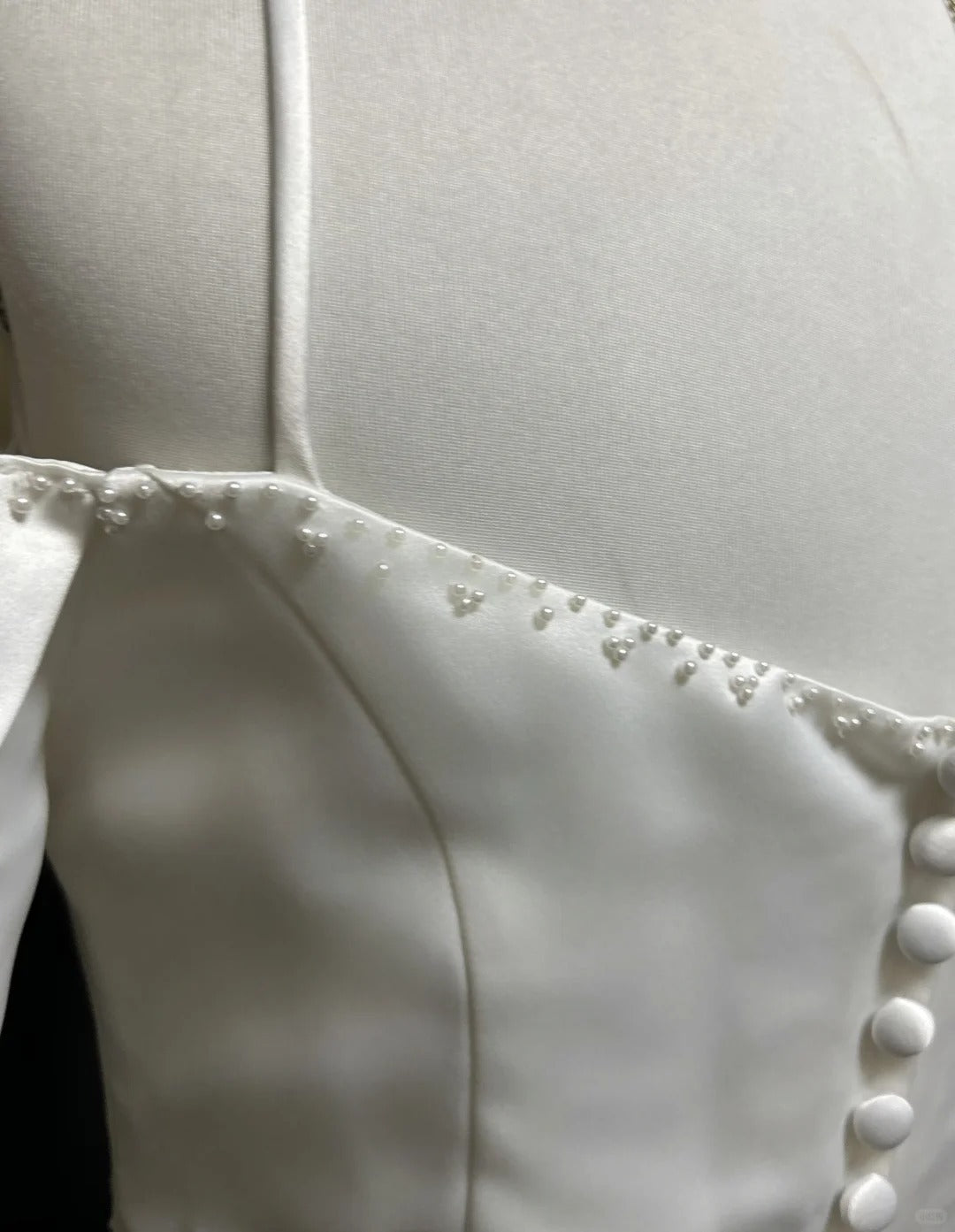 Robe de soirée longue en satin blanc, élégante et délicate, avec perles, nv4927
