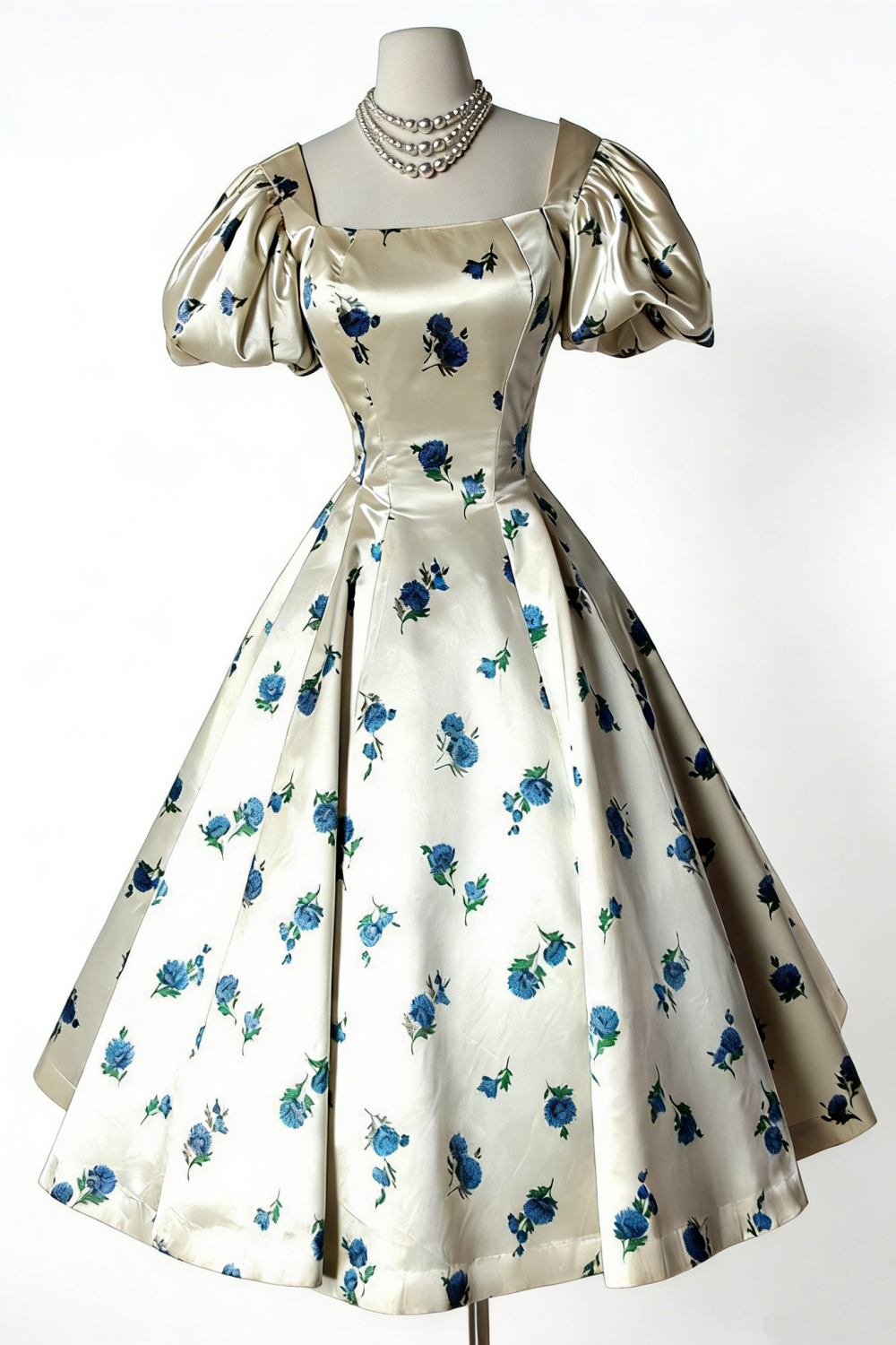 Robe midi bleu satiné à manches bouffantes et col carré, style rétro, idéale pour une soirée légère ou un rendez-vous amoureux (NV6804)