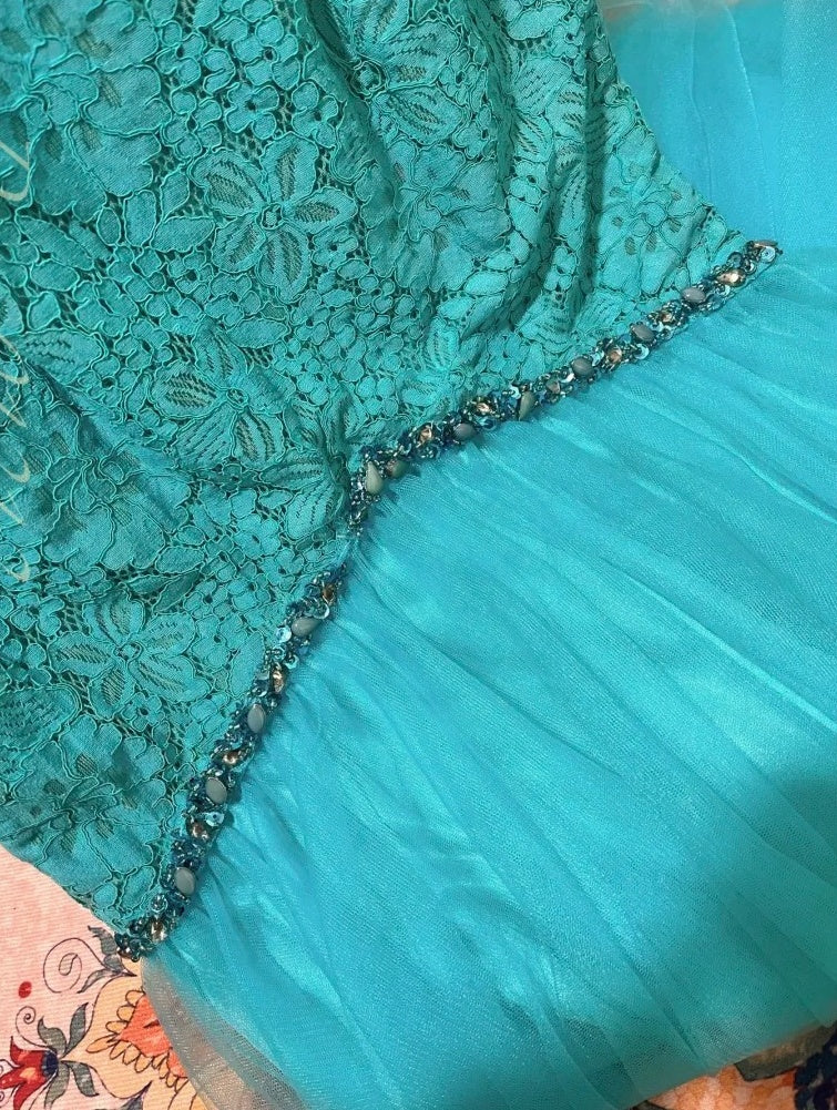 Blue Beaded Beautiful Mermaid Long Lace Tulle Ball Gown Evening Gown Party Dress nv4324