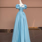 Robe de bal longue en satin bleu délicat et perlé, robe de soirée, robe de soirée, nv4731