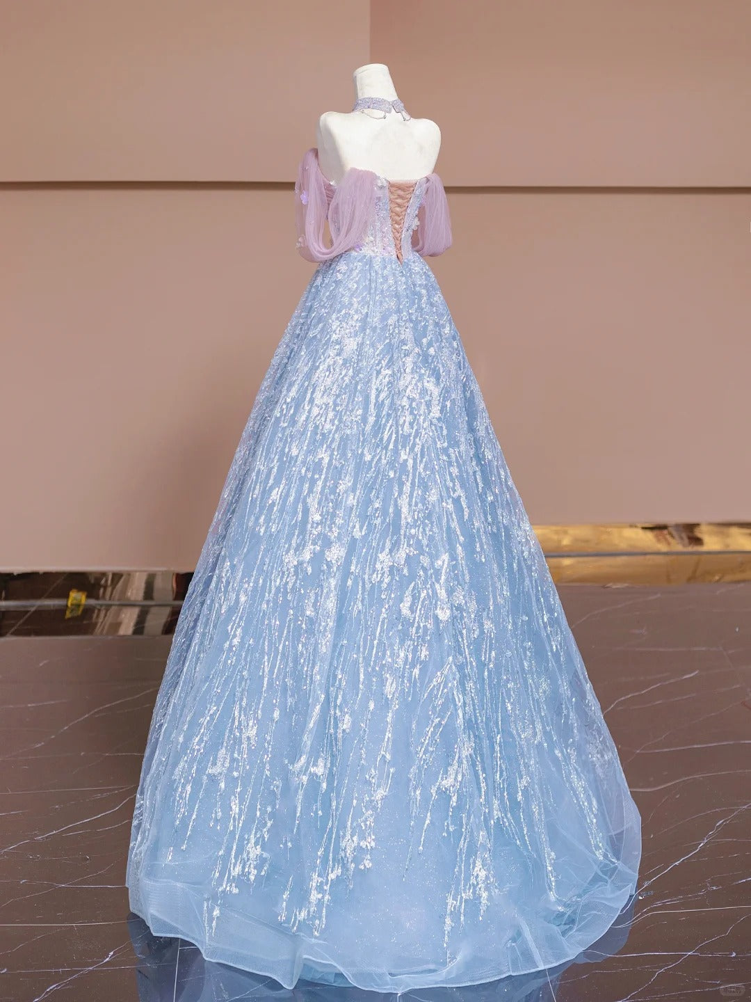 Rosa Blau Perlen Lange Tüll Bodenlangen Ballkleid Abendkleid nv5052