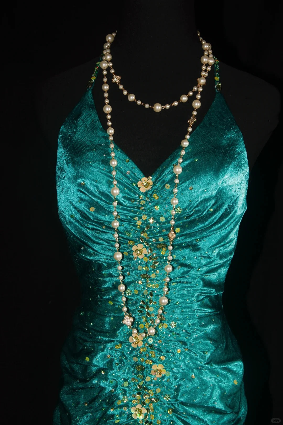 Green Gold Floral Delicate Beads Long Satin Ball Gown Evening Gown Party Dress nv4196