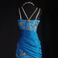 Fantasieblaues, exquisites, florales Perlen-Langspitzen-Satin-Ballkleid, Partykleid, Vintage, NV5211