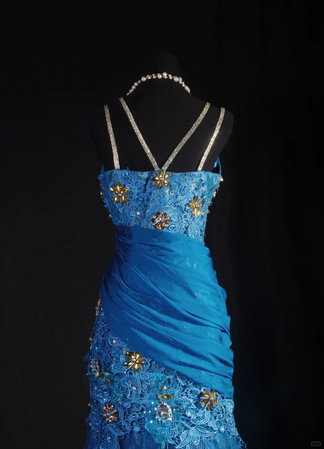 Fantasieblaues, exquisites, florales Perlen-Langspitzen-Satin-Ballkleid, Partykleid, Vintage, NV5211