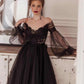 Black romantic ankle-length long sleeve tulle A-line applique long evening gown ball gown party dress nv2567