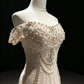 Champagne Off Shoulder Mermaid Dress Short Sleeve Hand Beaded Long Train Formal Prom Gown  NV6946