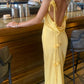 Robe de bal élégante en satin jaune à pompons et bretelles spaghetti, robe d'invitée de mariage nv5201