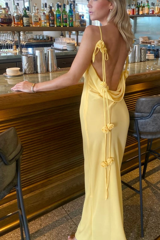 Gelbes, elegantes, langes Ballkleid mit Spaghettiträgern aus Satin mit Quaste, Hochzeitsgastkleid, NV5201