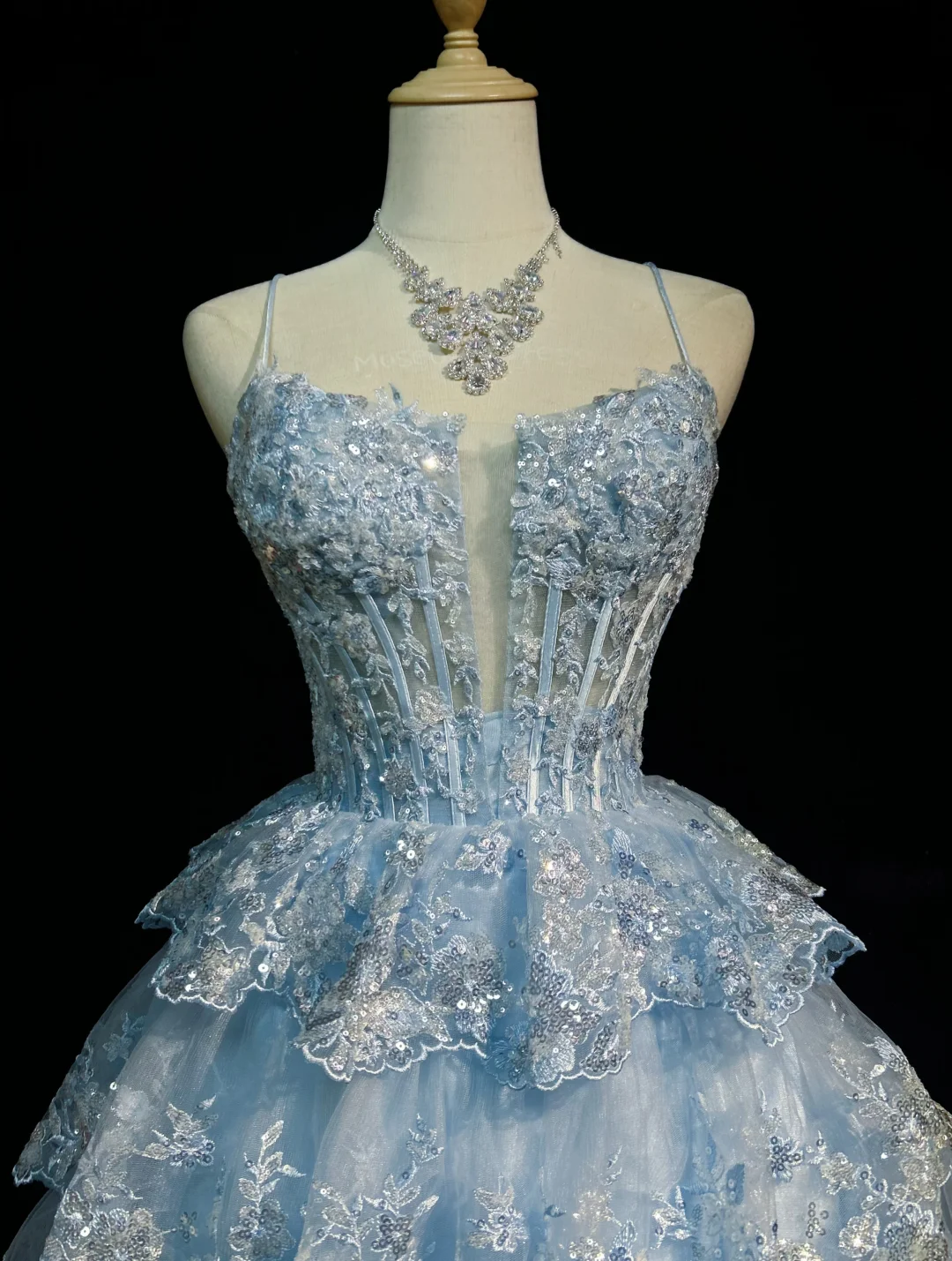 Ice Blue Spaghetti Straps Corset Short Prom Dress 3D Floral Sequin Lace Tiered Ruffle Tulle Mini Formal Gown  NV6890