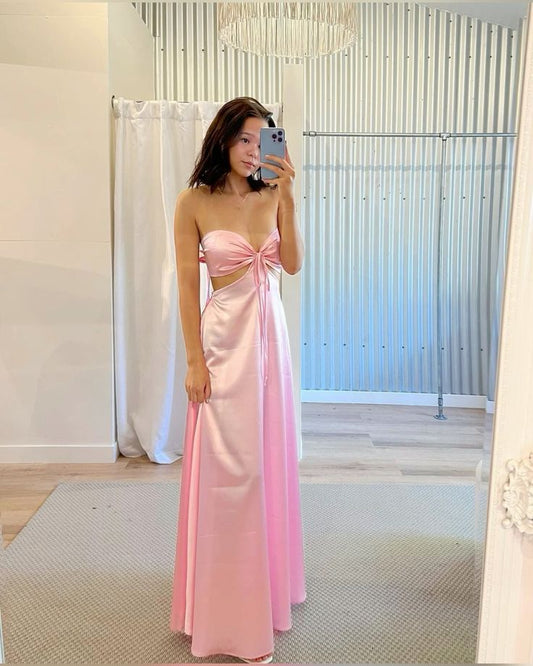 Pink Simple Tube Top Elegant Maxi Dress Long Ball Gown Evening Dress nv2715