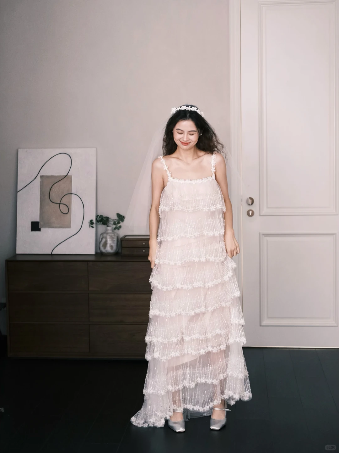 Spaghetti Strap Tiered Beaded Tulle Wedding Dress with Floral Trim  NV7380