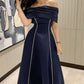 Blue simple elegant short-sleeved one-shoulder pleated long ball gown evening dress party dress nv2521