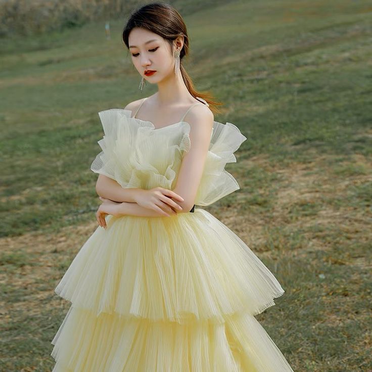 Lemon Yellow Off-the-shoulder Puff Sleeve Layered Tulle Long Ball Gown Evening Dress nv2836