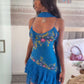 Blaues funkelndes, kurzes Ballkleid mit Spaghettiträgern und Tüllstickerei, Abendkleid mit Schleife, nv2949