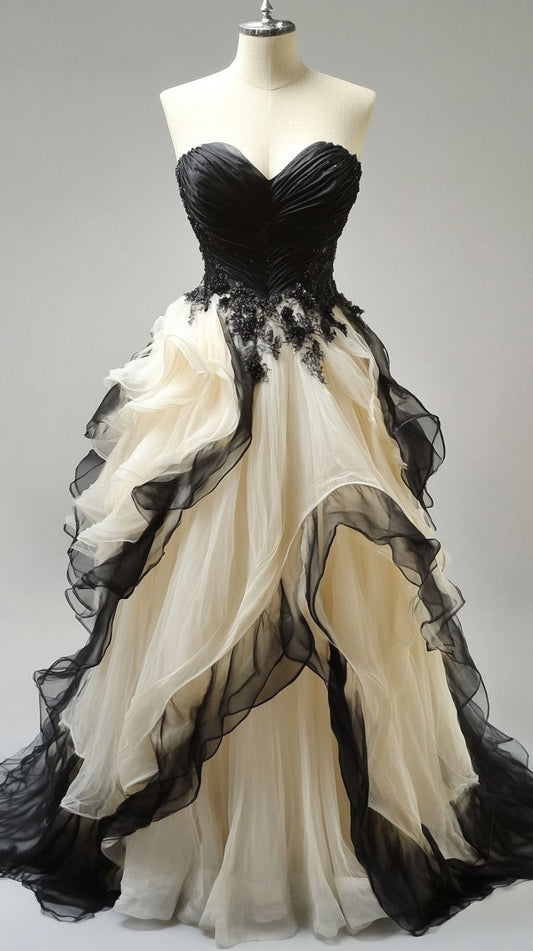 Schwarzes, elfenbeinfarbenes, langes Vintage-Ballkleid aus Tüll, NV4908