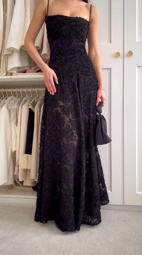 Black Elegant Sexy Lace Spaghetti Strap Long Evening Dress nv2725