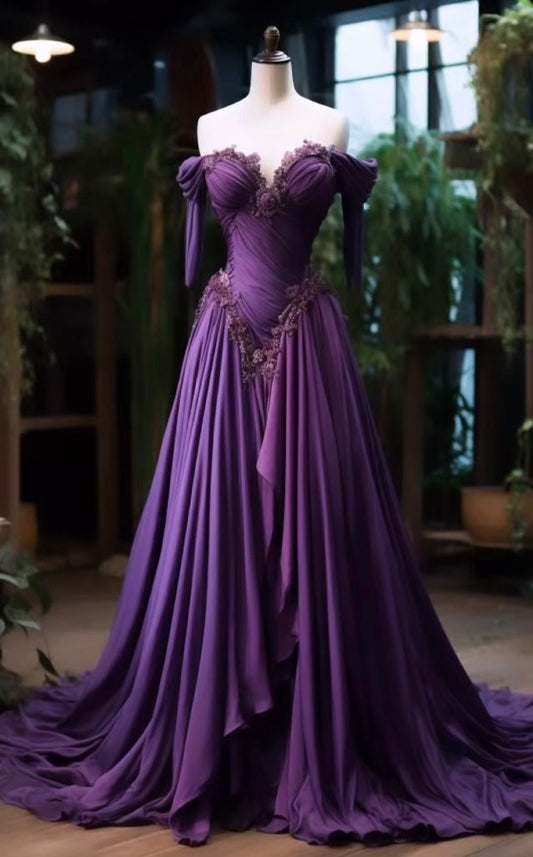 Purple Gorgeous Elegant Floral Applique Long Sleeve Tulle Ball Gown Evening Dress nv3397