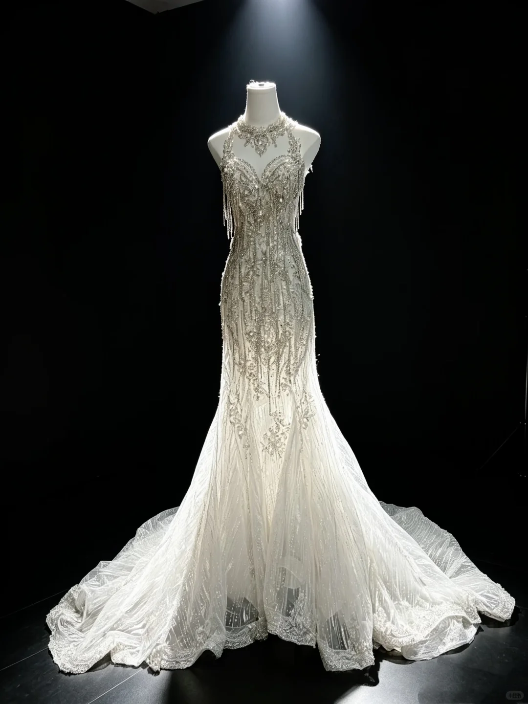 Women White Halter Mermaid Prom Dress, Beaded Sequin Tassel Lace Long Train Fairy Evening Gown  NV6949