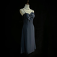 Navy Spaghetti Strap Midi Homecoming Dress Satin Bodice Rhinestone Bow Chiffon A-Line Vintage Cocktail Evening Gown  NV6909