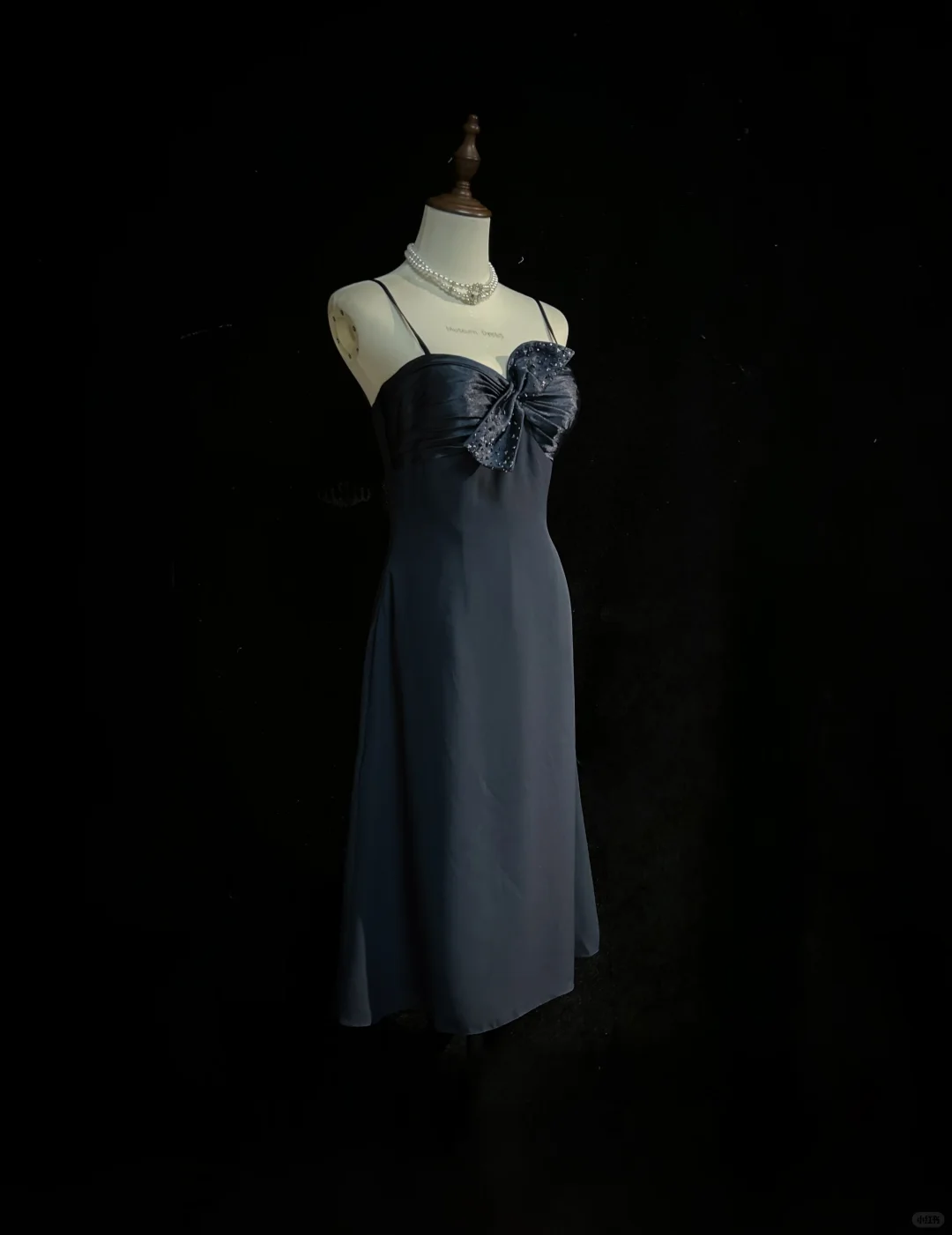 Navy Spaghetti Strap Midi Homecoming Dress Satin Bodice Rhinestone Bow Chiffon A-Line Vintage Cocktail Evening Gown  NV6909