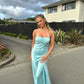 Blaues schlichtes, elegantes Spaghettiträgerkleid mit langen Seitenschlitzen, schmale Passform, Ballkleid, Abendkleid, Partykleid, NV1640