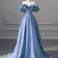 Einzigartiges blaues schlichtes A-Linien-Satin-Off-Shoulder-Abendkleid mit langen Ärmeln Partykleid Ballkleid nv2051