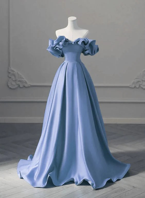 Einzigartiges blaues schlichtes A-Linien-Satin-Off-Shoulder-Abendkleid mit langen Ärmeln Partykleid Ballkleid nv2051
