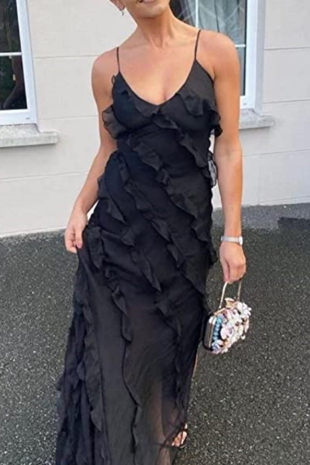 Black Fashion Elegant Ruffle Long Mermaid Slim Tulle Ball Gown Evening Dress Wedding Guest Party Dress nv3212