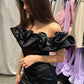 Schwarzes, enges, schulterfreies, kurzes Mini-Satinkleid mit Rüschen, Homecoming-Kleid, Ballkleid, Geburtstagspartykleid, NV1730