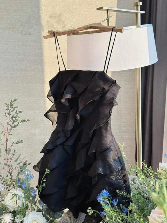 Schwarzes Homecoming-Kleid mit Spaghettiträgern, kurzes Ballkleid, Partykleid, nv2083