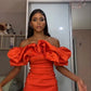 Robe de soirée courte en satin lisse plissée à épaules dénudées orange, robe de bal moulante, robe de soirée nv2068
