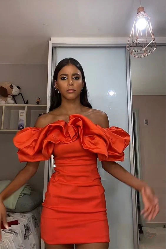 Robe de soirée courte en satin lisse plissée à épaules dénudées orange, robe de bal moulante, robe de soirée nv2068