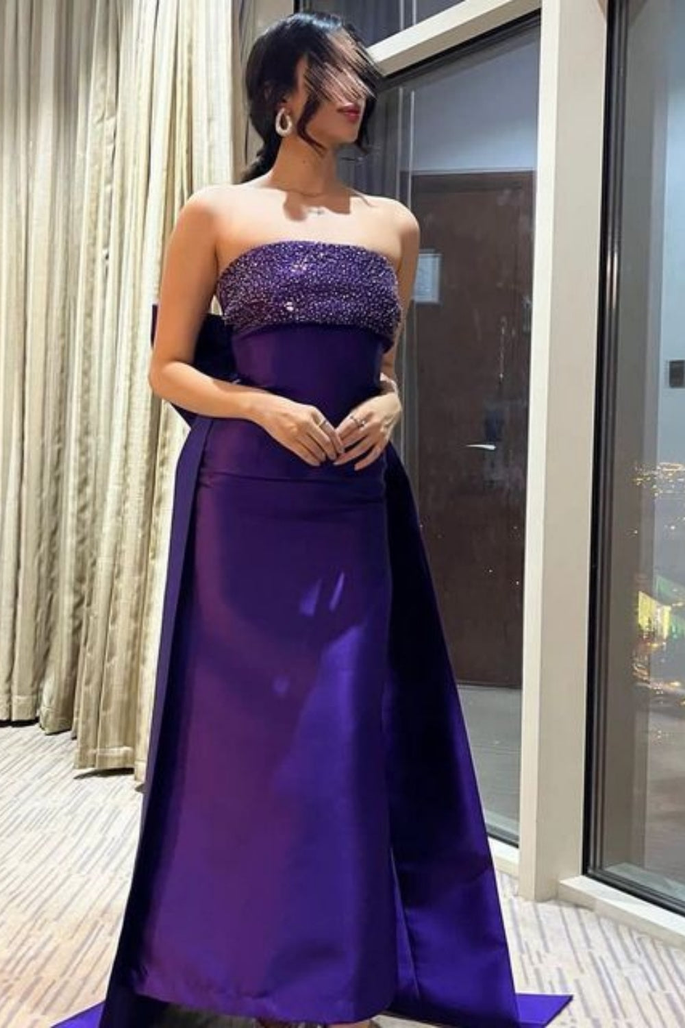 Purple Shiny Sequin Satin Long Elegant Ball Gown Evening Dress nv3146