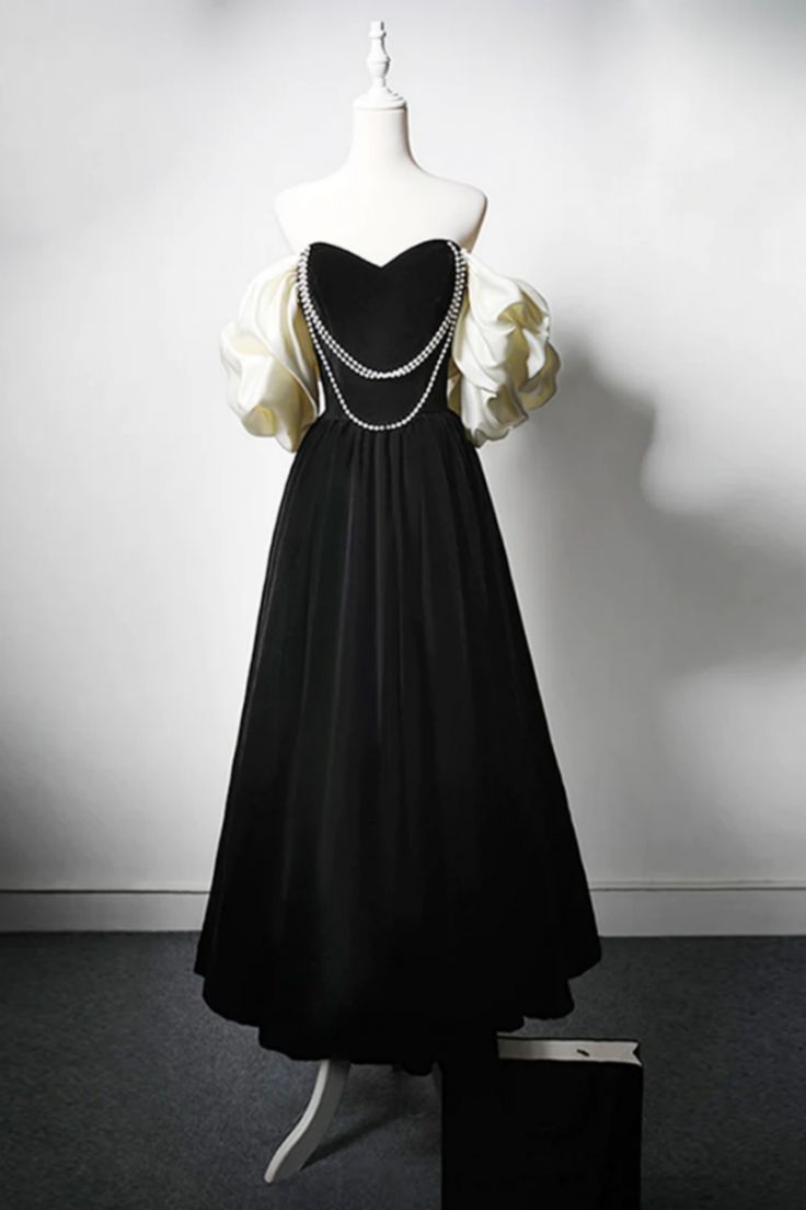 A-line Velvet Tea Maxi Dress Black Long Ball Gown Tea Evening Dress nv2714