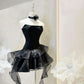 Schwarzes, schlichtes, süßes Tüllkleid, kurzes Mini-Tüllkleid mit Dekoration, Homecoming-Kleid, Partykleid, nv2756