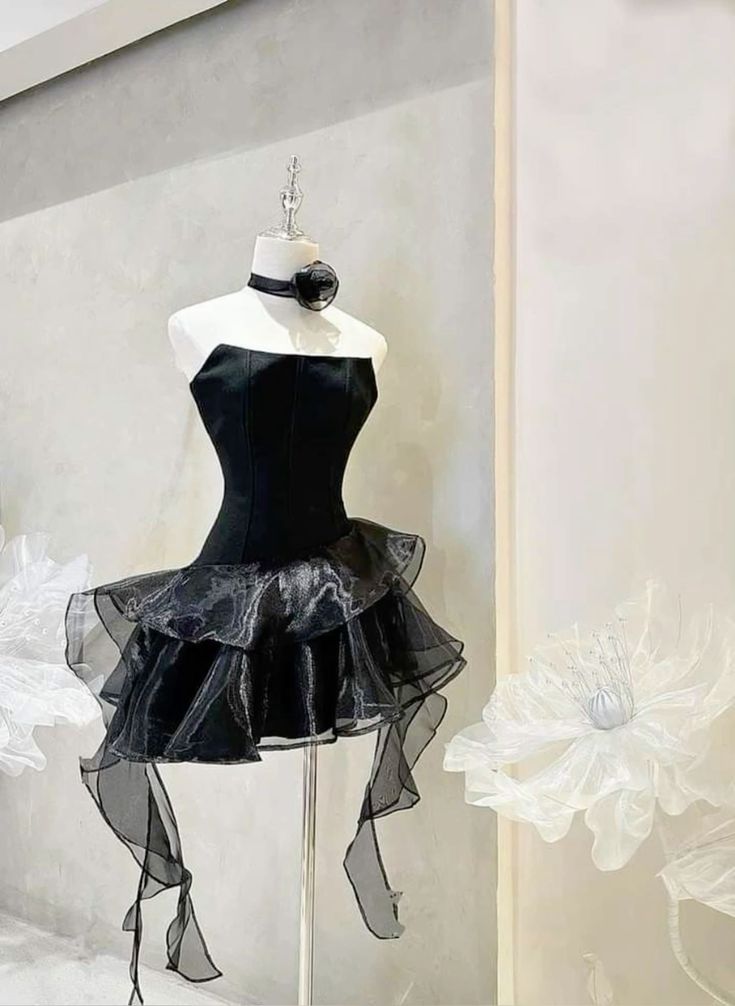 Schwarzes, schlichtes, süßes Tüllkleid, kurzes Mini-Tüllkleid mit Dekoration, Homecoming-Kleid, Partykleid, nv2756