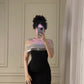 Schwarzes schlichtes und elegantes One-Shoulder-Trägerloses langes Ballkleid mit Kettendeko, Abendkleid, Partykleid, NV2417