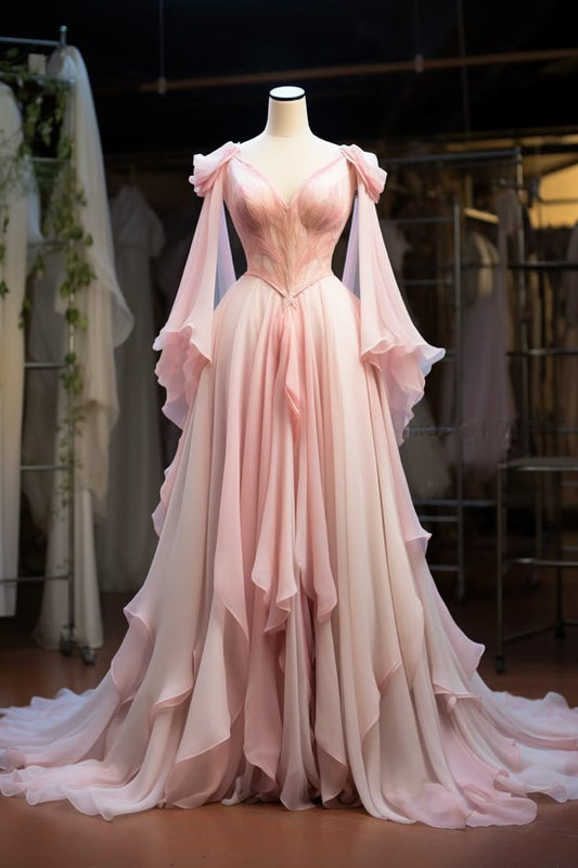 Rosa Mode Elegante A-linie Lange Tüll Bodenlangen Abendkleid Ballkleid Brautkleid nv3837