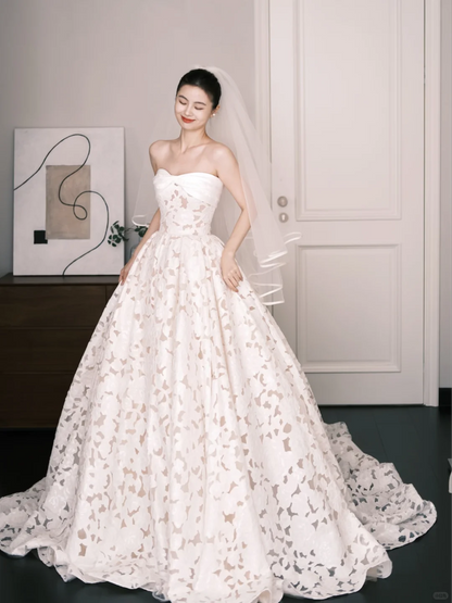 Strapless Lace A Line Wedding Dress Floral Cutout Long Train Bridal Gown  NV7207