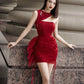 Robe de soirée courte en satin et tulle à strass, design unique, rouge, à la mode, robe de soirée, robe de soirée, nv2747