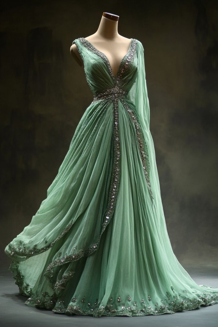 Green V-neck applique elegant long tulle ball gown evening dress nv3126