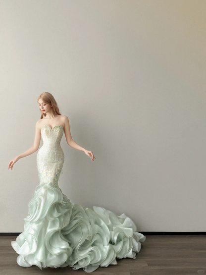 Mint Green Strapless Mermaid Prom Dress Iridescent Sequin Layered Ruffle Train  NV7135