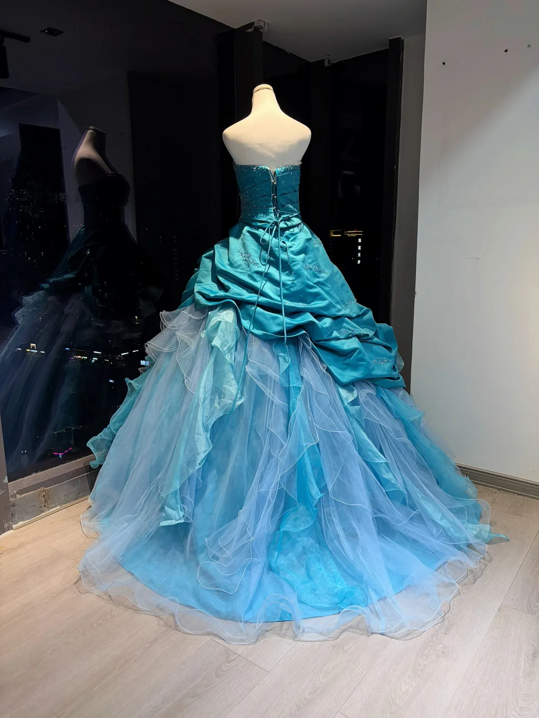 Turquoise Strapless Ball Gown Beaded Rhinestone Ruffle Tulle Formal Dress  NV6962