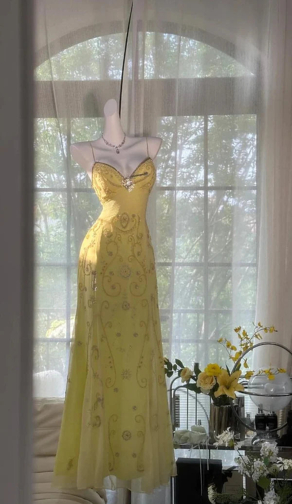 Gelbes wunderschönes Perlen-Spaghettiträger-A-Linien-Chiffon-Langballkleid-Abendkleid-Partykleid nv4229