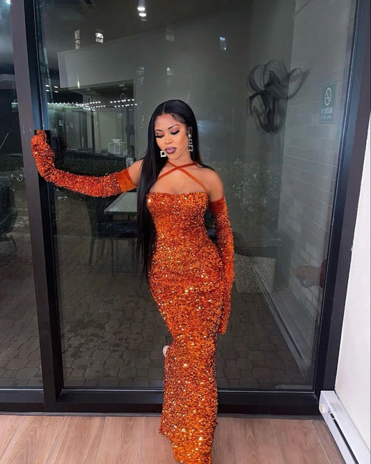 Gorgeous Shiny Orange Cross Strap Tube Mermaid Sequin Long Slim Fit Ball Gown Evening Dress Party Dress nv3239